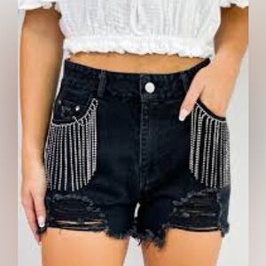Blue B Collection Black Frayed Rhinestone Denim Shorts N230-9